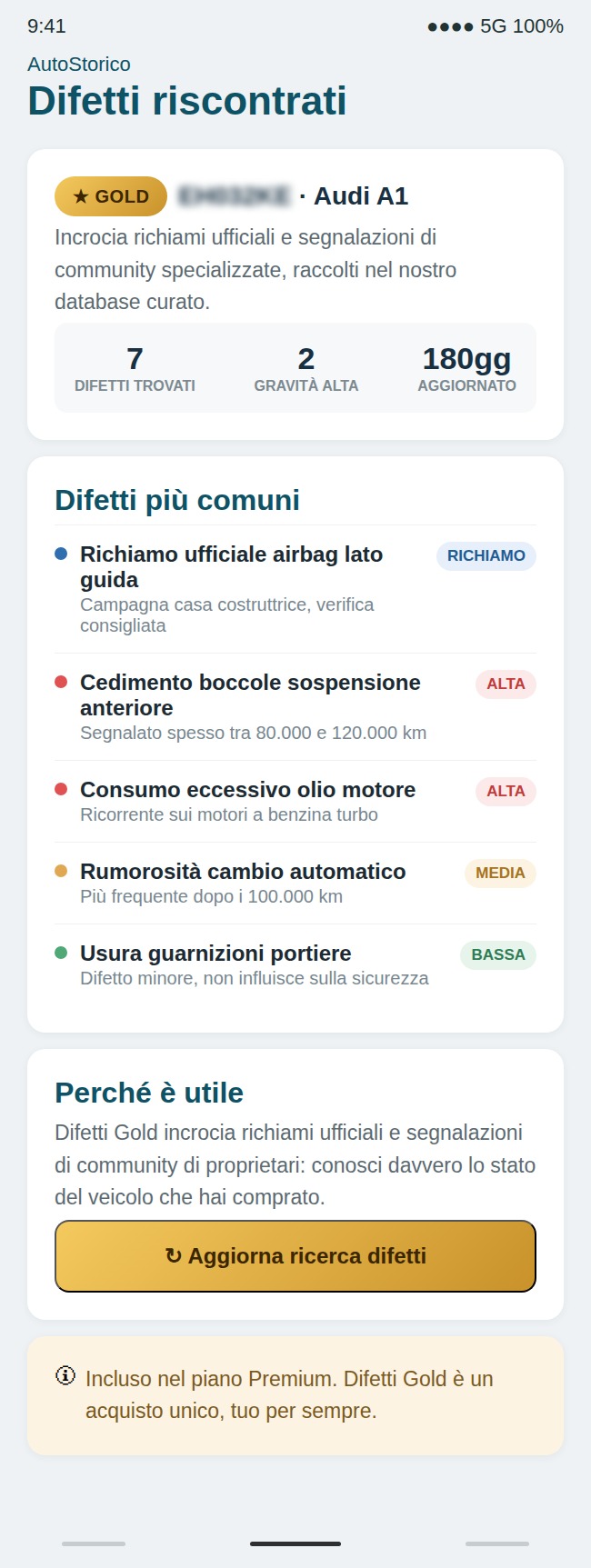 Schermata Difetti riscontrati Gold con richiami ufficiali e segnalazioni automobilisti in AutoStorico